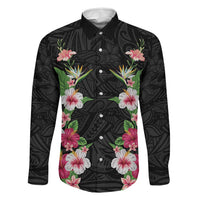 Hawaii Tropical Flowers Family Matching Off The Shoulder Long Sleeve Dress and Hawaiian Shirt Black Polynesian Tattoo Art