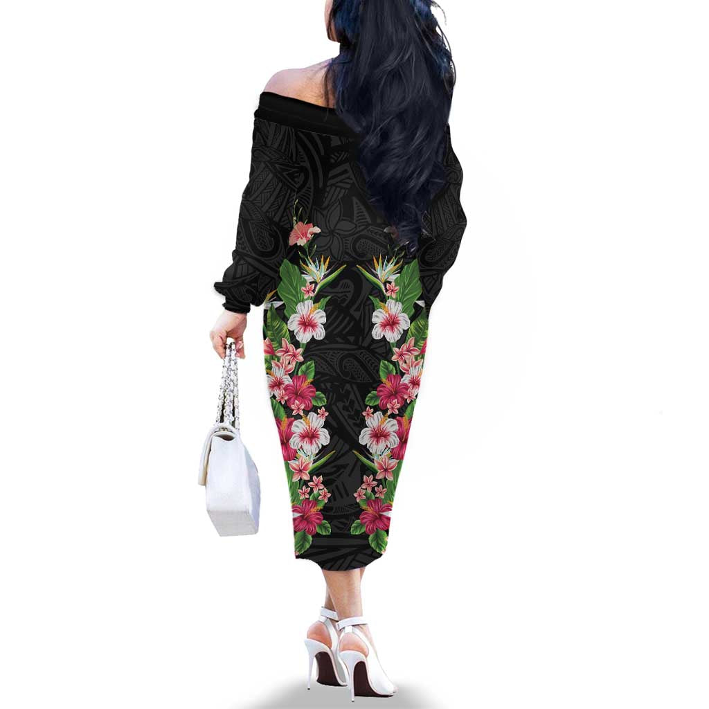 Hawaii Tropical Flowers Family Matching Off The Shoulder Long Sleeve Dress and Hawaiian Shirt Black Polynesian Tattoo Art