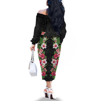 Hawaii Tropical Flowers Family Matching Off The Shoulder Long Sleeve Dress and Hawaiian Shirt Black Polynesian Tattoo Art
