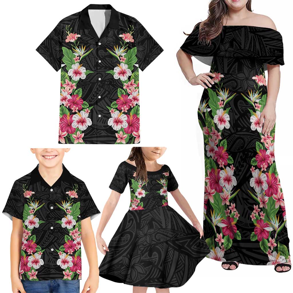 Hawaii Tropical Flowers Family Matching Off Shoulder Maxi Dress and Hawaiian Shirt Black Polynesian Tattoo Art
