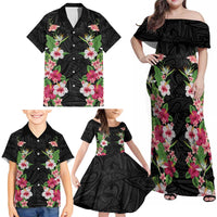 Hawaii Tropical Flowers Family Matching Off Shoulder Maxi Dress and Hawaiian Shirt Black Polynesian Tattoo Art