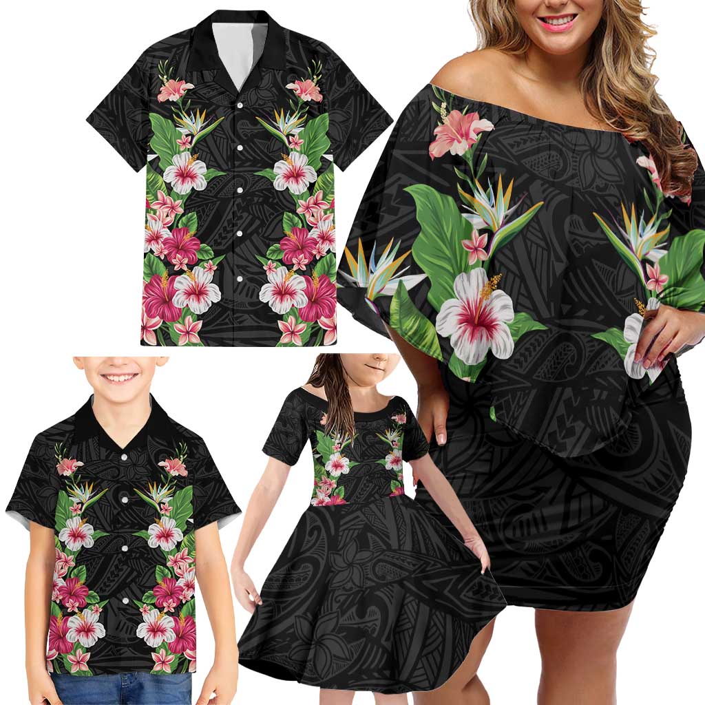 Hawaii Tropical Flowers Family Matching Off Shoulder Short Dress and Hawaiian Shirt Black Polynesian Tattoo Art