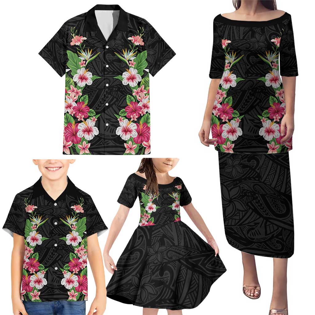 Hawaii Tropical Flowers Family Matching Puletasi and Hawaiian Shirt Black Polynesian Tattoo Art