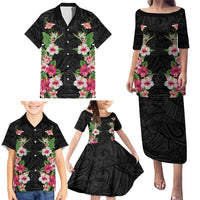Hawaii Tropical Flowers Family Matching Puletasi and Hawaiian Shirt Black Polynesian Tattoo Art