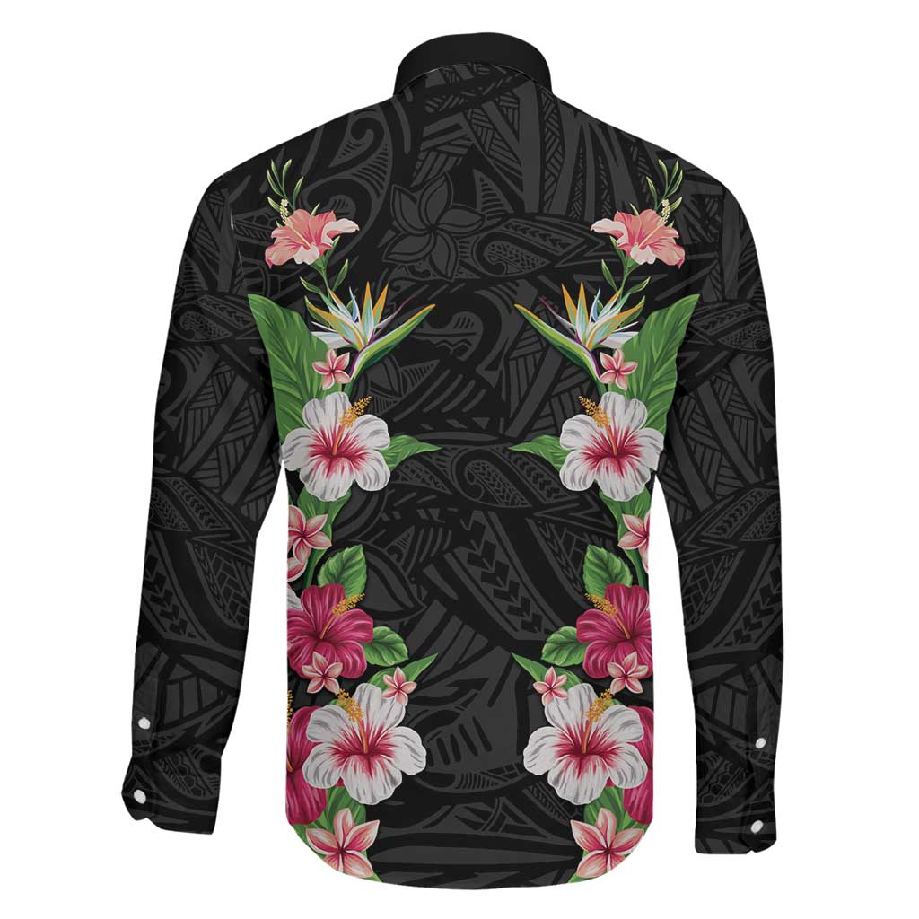 Hawaii Tropical Flowers Family Matching Puletasi and Hawaiian Shirt Black Polynesian Tattoo Art