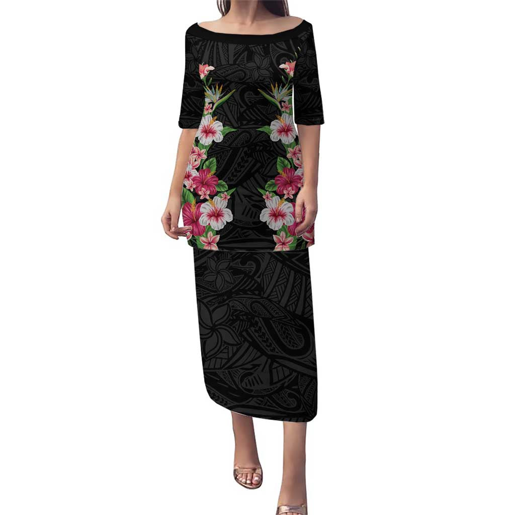 Hawaii Tropical Flowers Family Matching Puletasi and Hawaiian Shirt Black Polynesian Tattoo Art