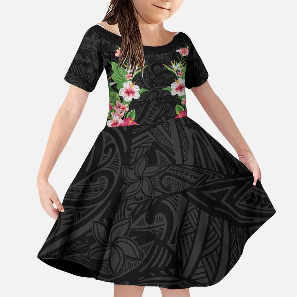 Hawaii Tropical Flowers Family Matching Short Sleeve Bodycon Dress and Hawaiian Shirt Black Polynesian Tattoo Art