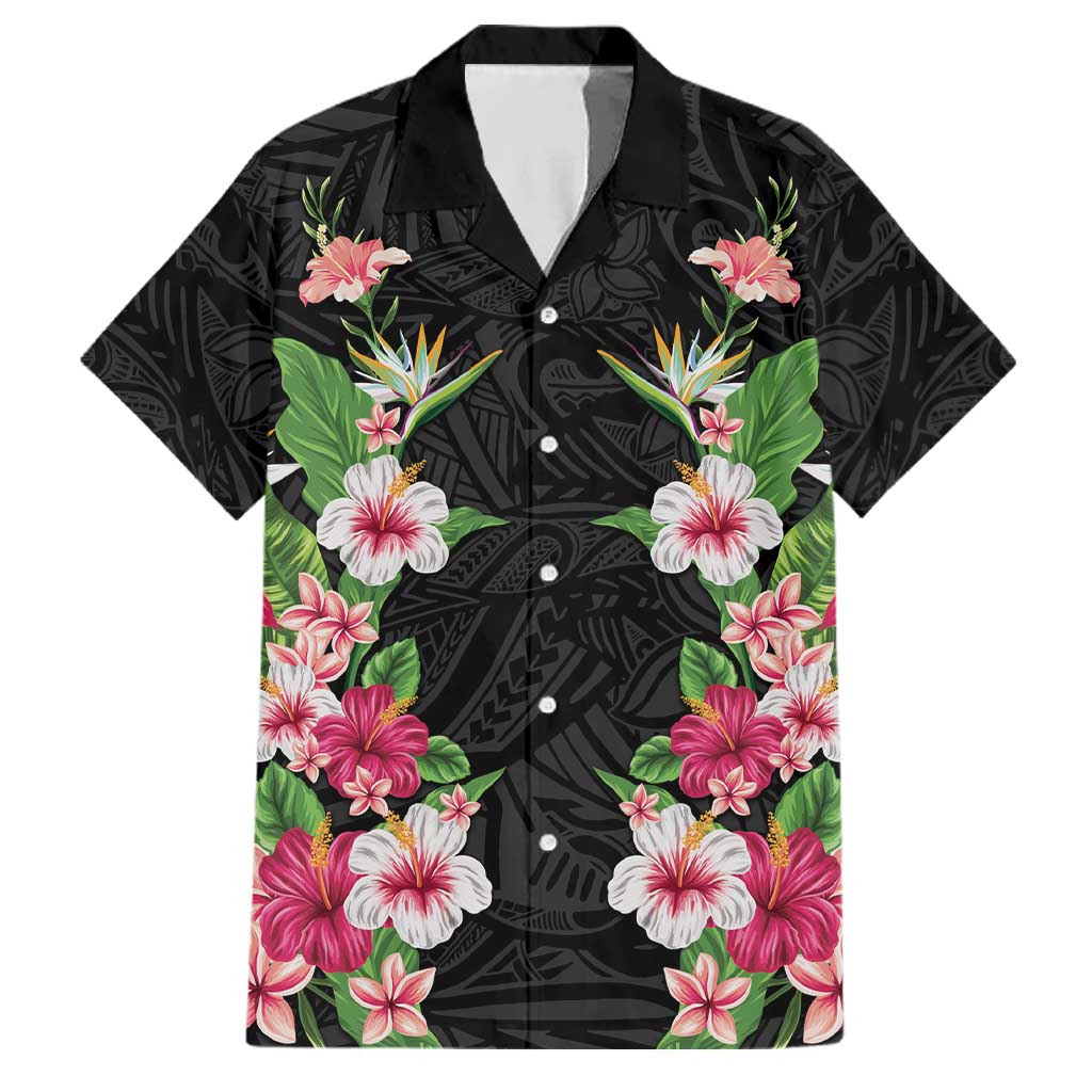 Hawaii Tropical Flowers Family Matching Short Sleeve Bodycon Dress and Hawaiian Shirt Black Polynesian Tattoo Art