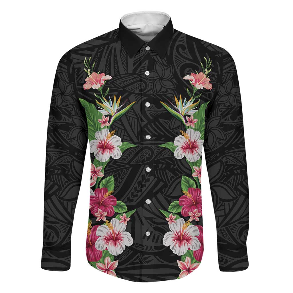 Hawaii Tropical Flowers Family Matching Short Sleeve Bodycon Dress and Hawaiian Shirt Black Polynesian Tattoo Art