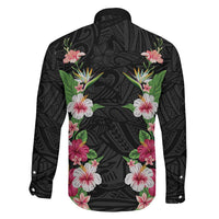 Hawaii Tropical Flowers Family Matching Short Sleeve Bodycon Dress and Hawaiian Shirt Black Polynesian Tattoo Art