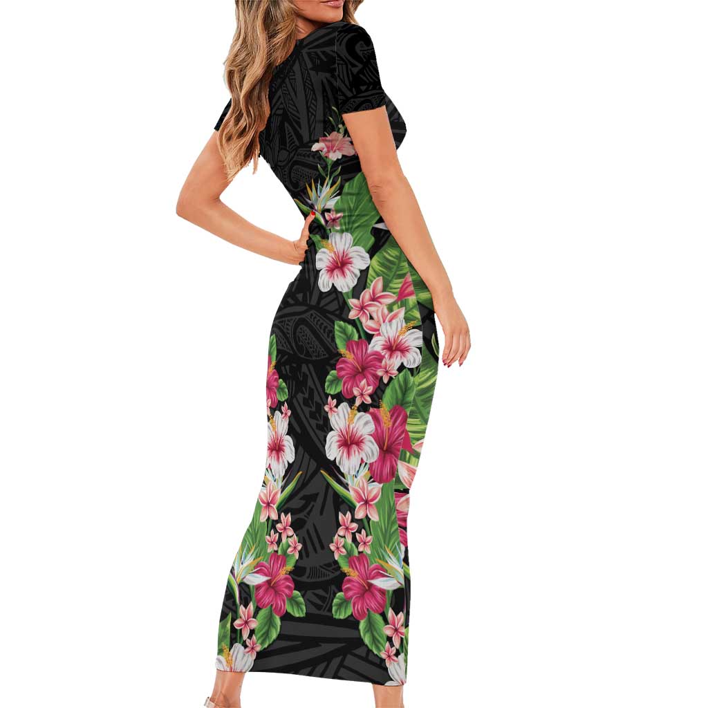 Hawaii Tropical Flowers Family Matching Short Sleeve Bodycon Dress and Hawaiian Shirt Black Polynesian Tattoo Art