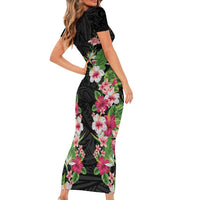 Hawaii Tropical Flowers Family Matching Short Sleeve Bodycon Dress and Hawaiian Shirt Black Polynesian Tattoo Art