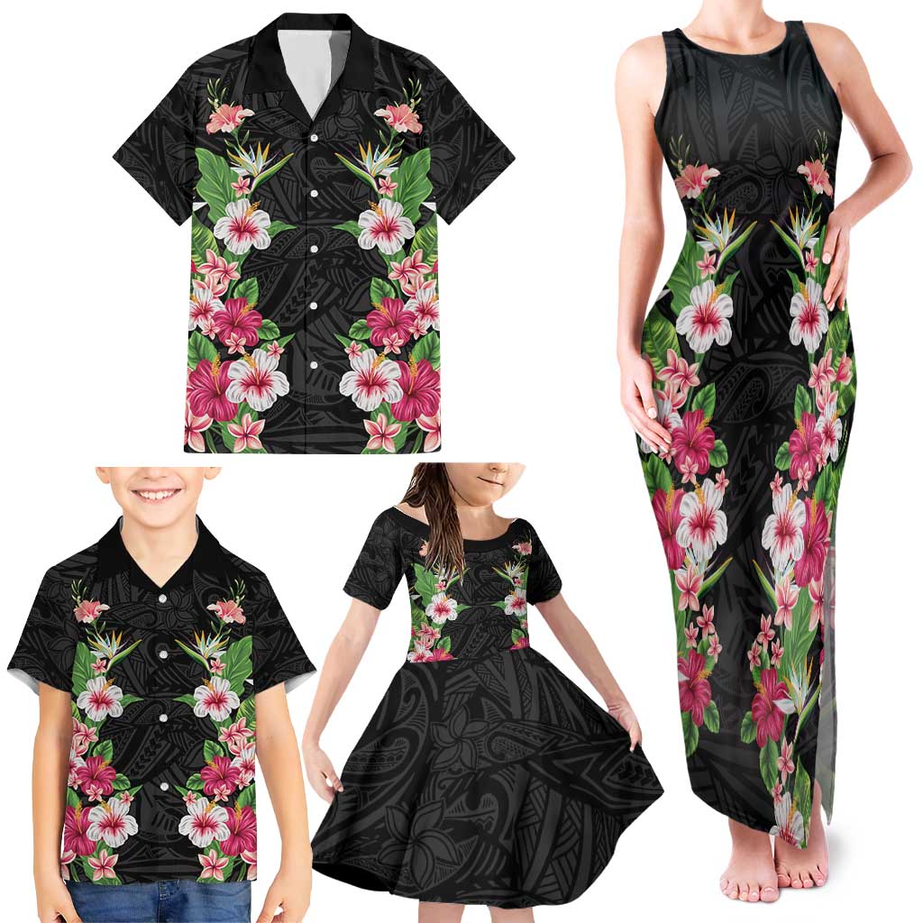 Hawaii Tropical Flowers Family Matching Tank Maxi Dress and Hawaiian Shirt Black Polynesian Tattoo Art