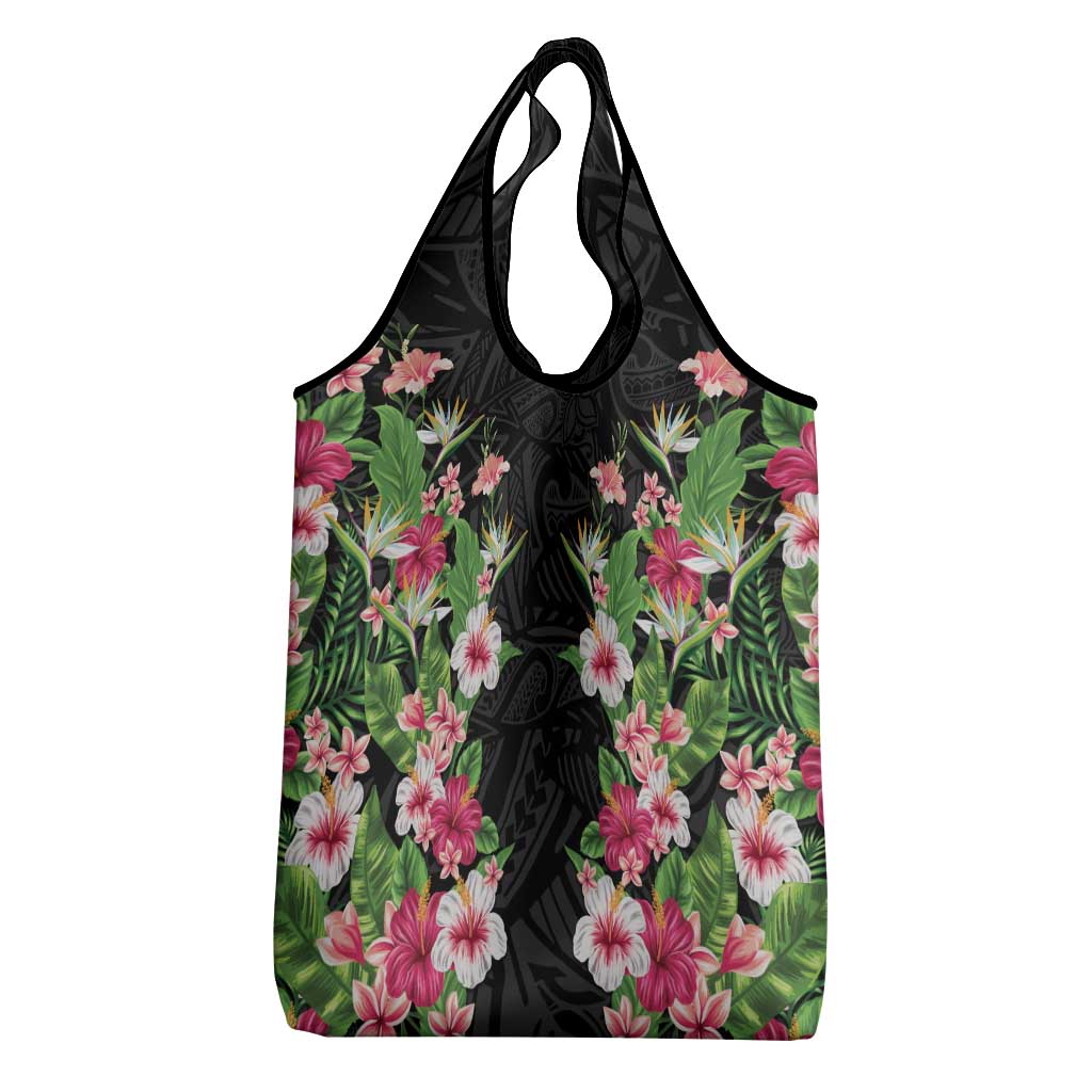 Hawaii Tropical Flowers Grocery Bag Black Polynesian Tattoo Art
