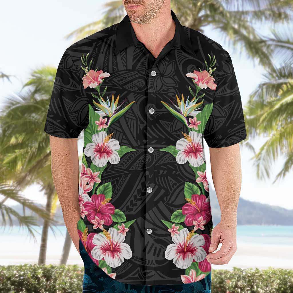 Hawaii Tropical Flowers Hawaiian Shirt Black Polynesian Tattoo Art LT05 - Polynesian Pride