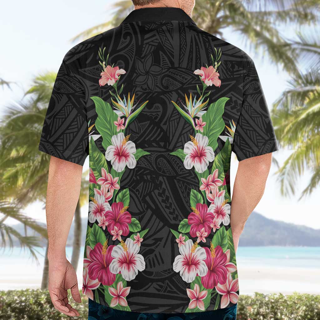Hawaii Tropical Flowers Hawaiian Shirt Black Polynesian Tattoo Art LT05 - Polynesian Pride