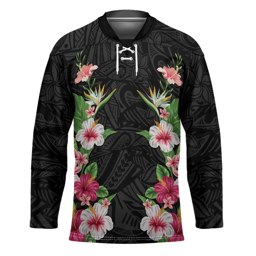 Hawaii Tropical Flowers Hockey Jersey Black Polynesian Tattoo Art LT05 Unisex Black - Polynesian Pride