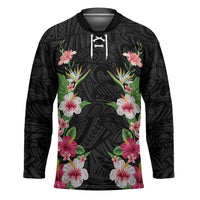 Hawaii Tropical Flowers Hockey Jersey Black Polynesian Tattoo Art LT05 Unisex Black - Polynesian Pride