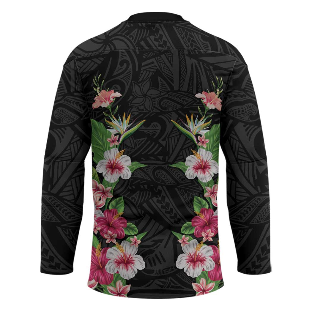 Hawaii Tropical Flowers Hockey Jersey Black Polynesian Tattoo Art LT05 - Polynesian Pride
