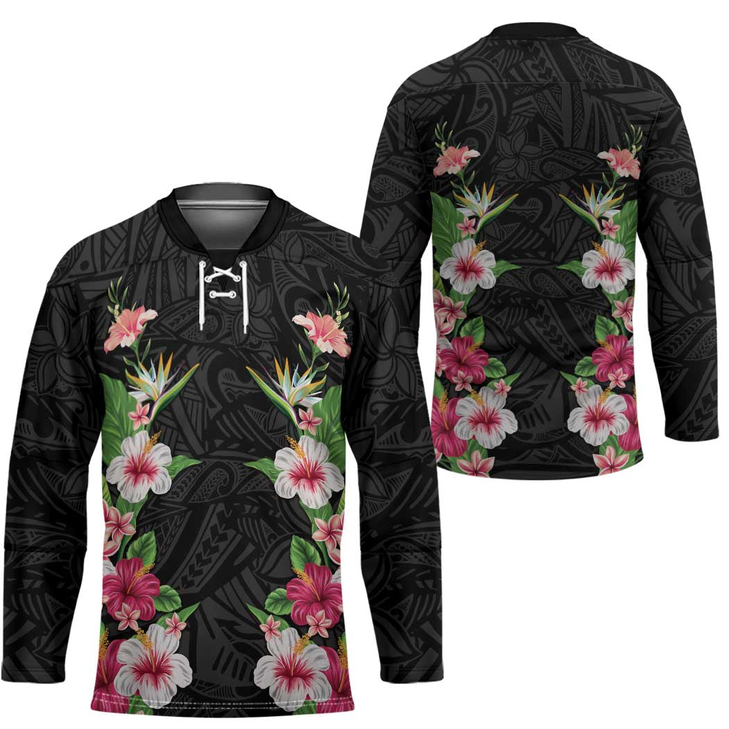 Hawaii Tropical Flowers Hockey Jersey Black Polynesian Tattoo Art LT05 - Polynesian Pride