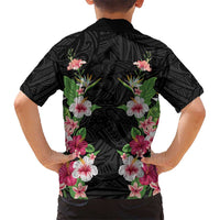 Hawaii Tropical Flowers Kid Hawaiian Shirt Black Polynesian Tattoo Art LT05 - Polynesian Pride