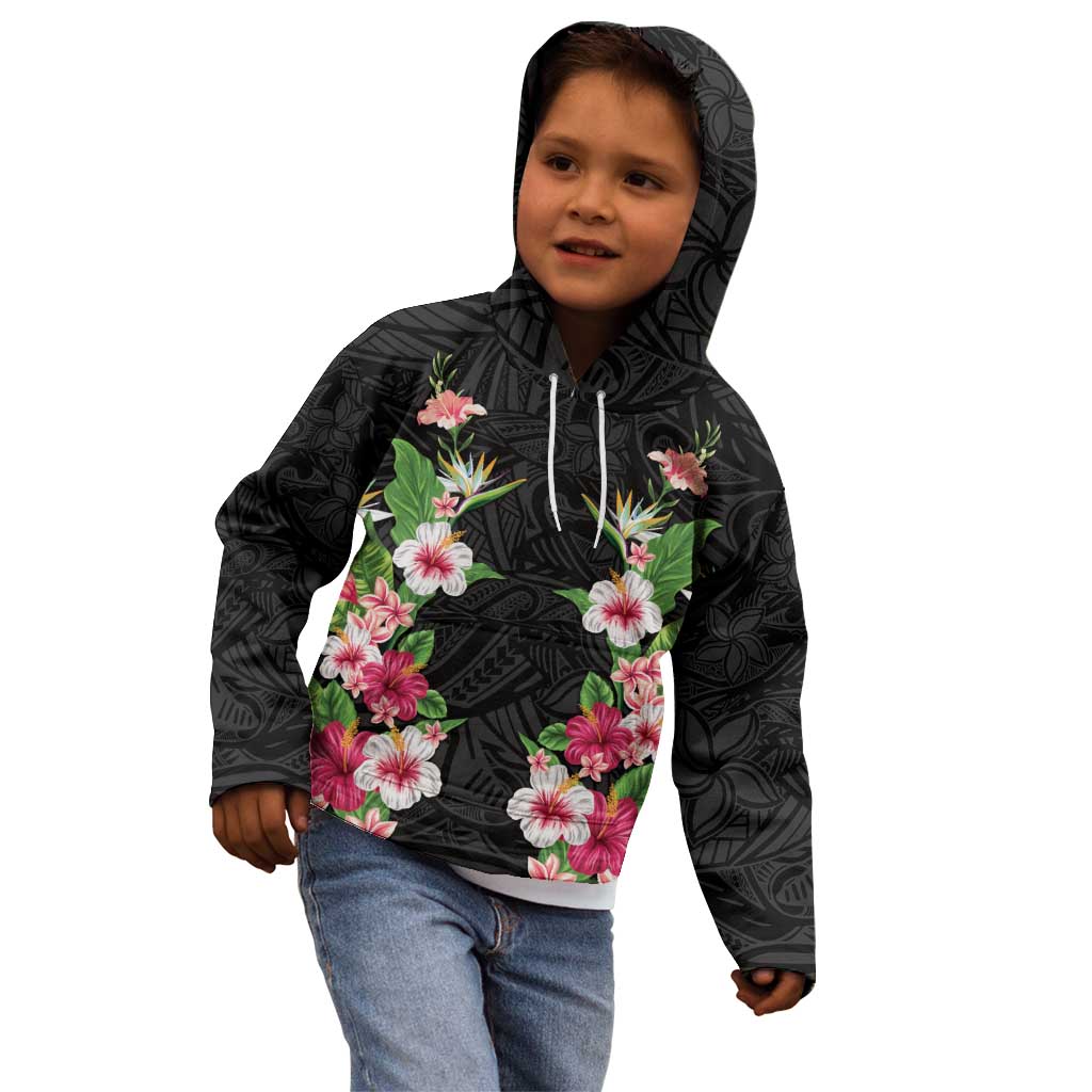 Hawaii Tropical Flowers Kid Hoodie Black Polynesian Tattoo Art