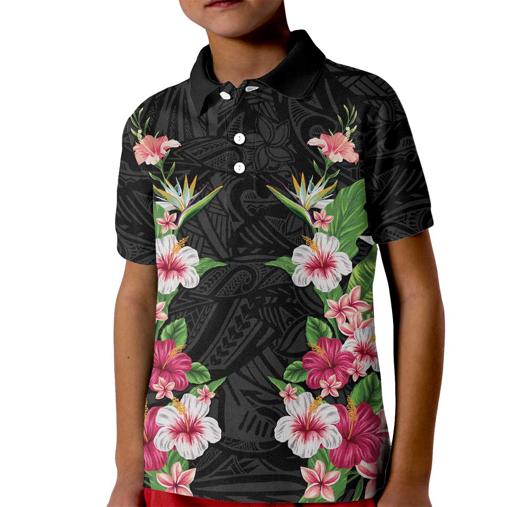 Hawaii Tropical Flowers Kid Polo Shirt Black Polynesian Tattoo Art LT05 Kid Black - Polynesian Pride