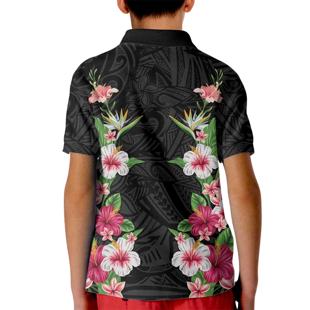 Hawaii Tropical Flowers Kid Polo Shirt Black Polynesian Tattoo Art LT05 - Polynesian Pride