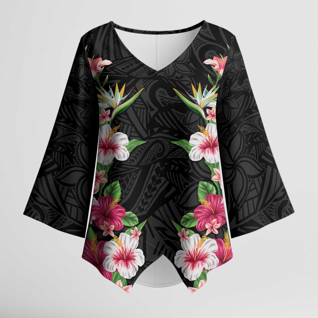 Hawaii Tropical Flowers Kimono Sleeve Blouse Black Polynesian Tattoo Art LT05 Female Black - Polynesian Pride