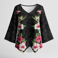 Hawaii Tropical Flowers Kimono Sleeve Blouse Black Polynesian Tattoo Art LT05 Female Black - Polynesian Pride
