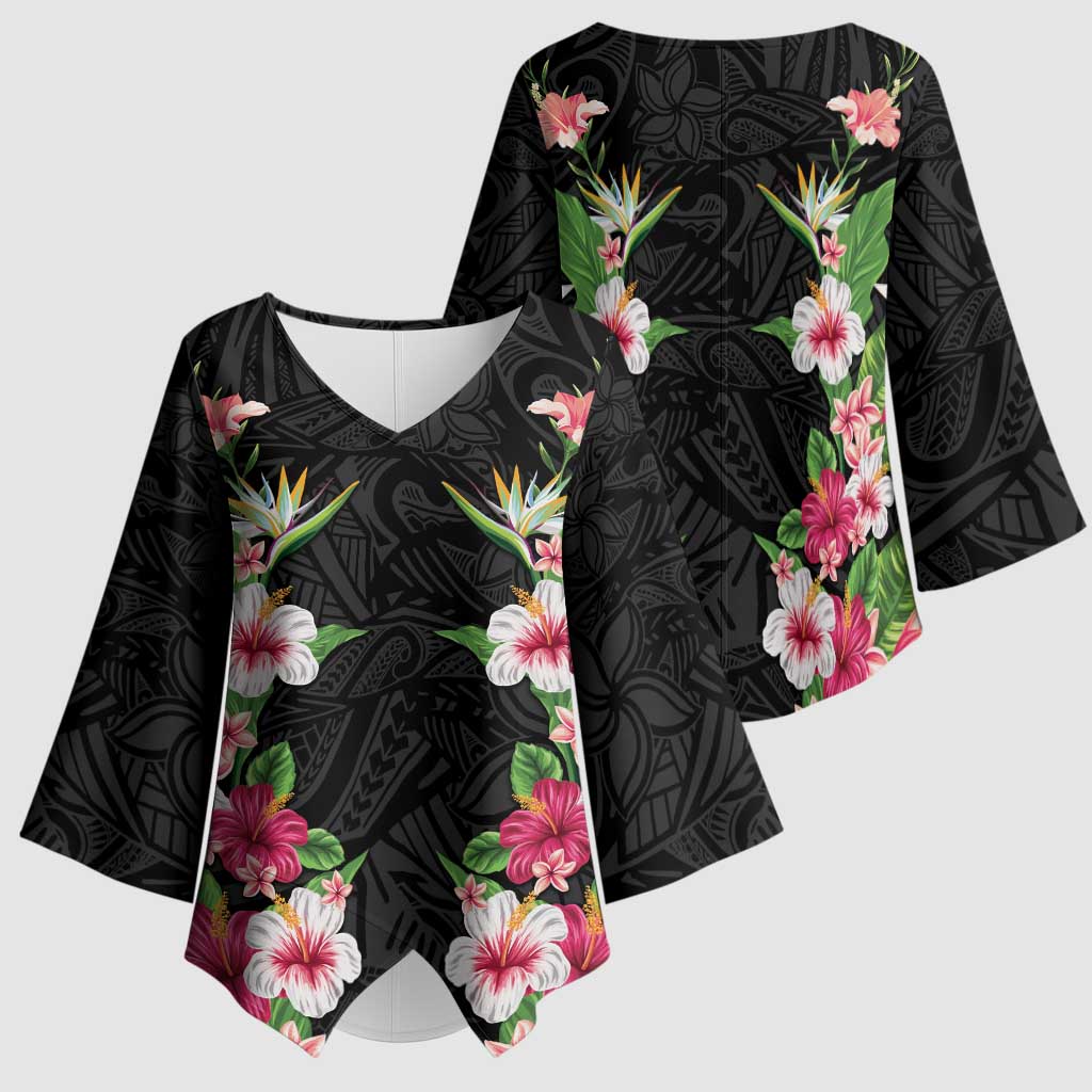 Hawaii Tropical Flowers Kimono Sleeve Blouse Black Polynesian Tattoo Art LT05 - Polynesian Pride