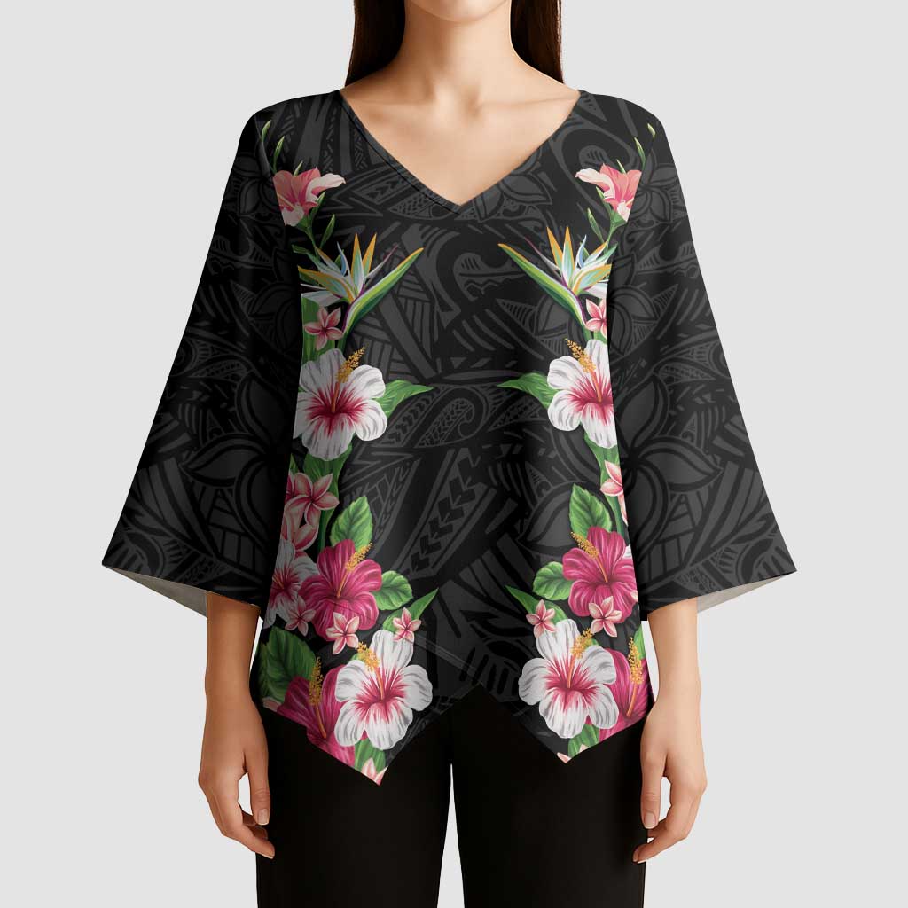 Hawaii Tropical Flowers Kimono Sleeve Blouse Black Polynesian Tattoo Art LT05 - Polynesian Pride