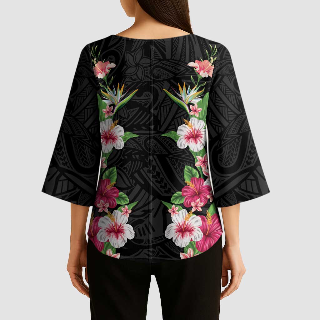 Hawaii Tropical Flowers Kimono Sleeve Blouse Black Polynesian Tattoo Art LT05 - Polynesian Pride