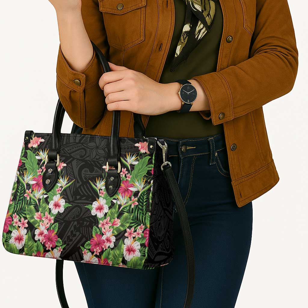 Hawaii Tropical Flowers Leather Bag Black Polynesian Tattoo Art