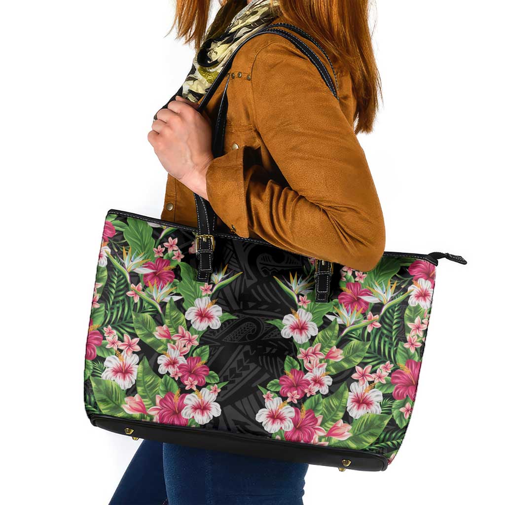 Hawaii Tropical Flowers Leather Tote Bag Black Polynesian Tattoo Art LT05 Black - Polynesian Pride