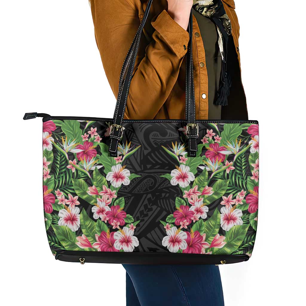 Hawaii Tropical Flowers Leather Tote Bag Black Polynesian Tattoo Art LT05 - Polynesian Pride