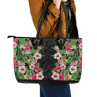 Hawaii Tropical Flowers Leather Tote Bag Black Polynesian Tattoo Art LT05 - Polynesian Pride