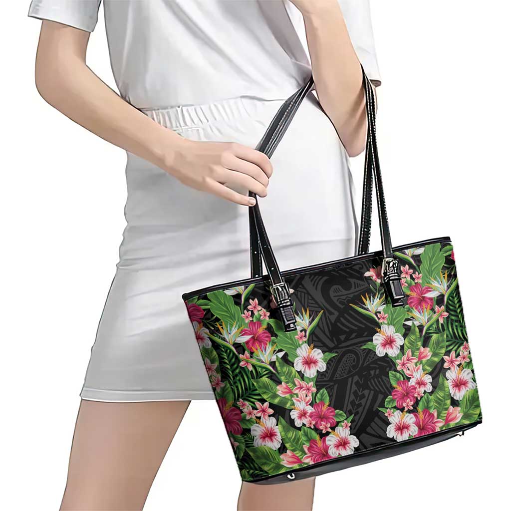 Hawaii Tropical Flowers Leather Tote Bag Black Polynesian Tattoo Art LT05 - Polynesian Pride