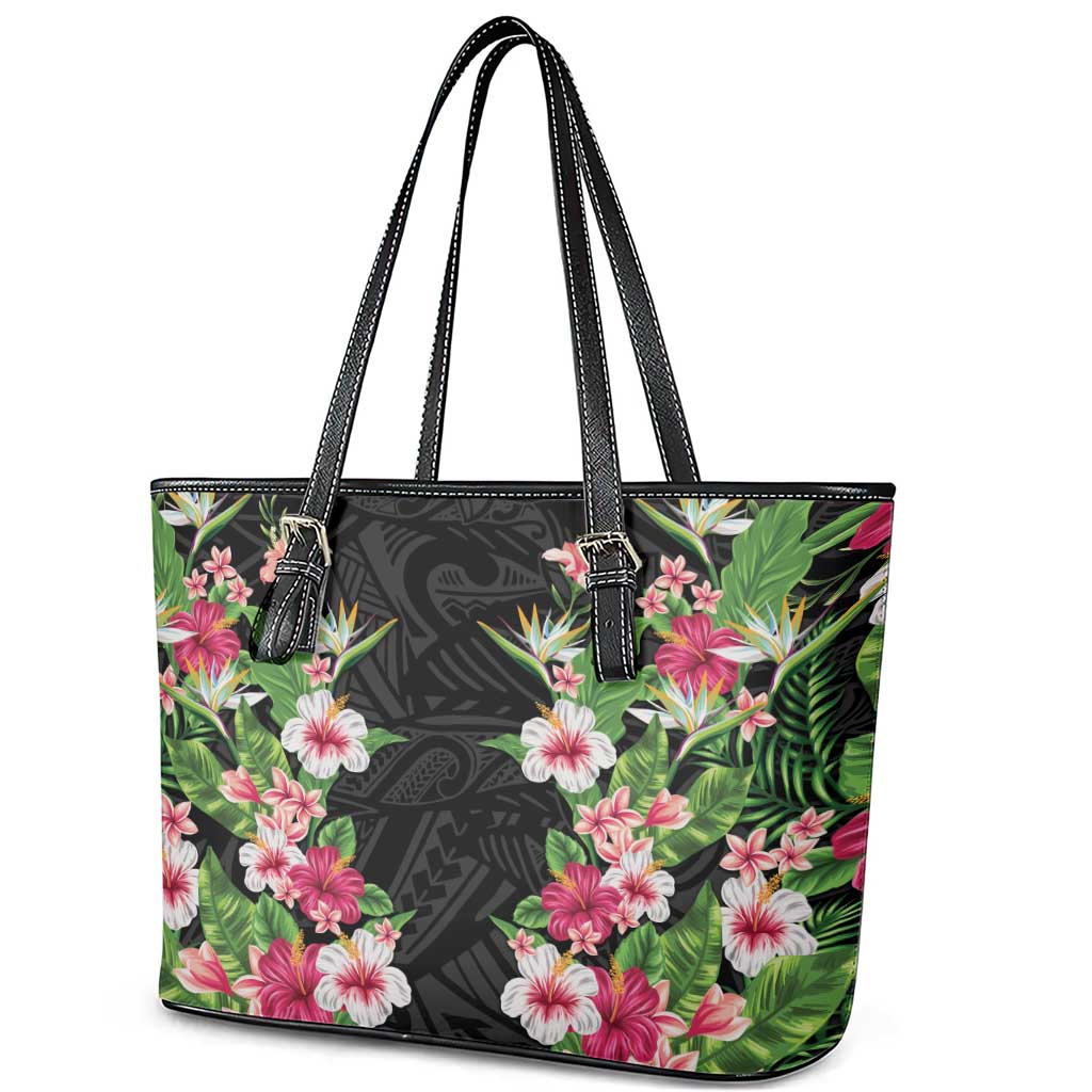Hawaii Tropical Flowers Leather Tote Bag Black Polynesian Tattoo Art LT05 - Polynesian Pride