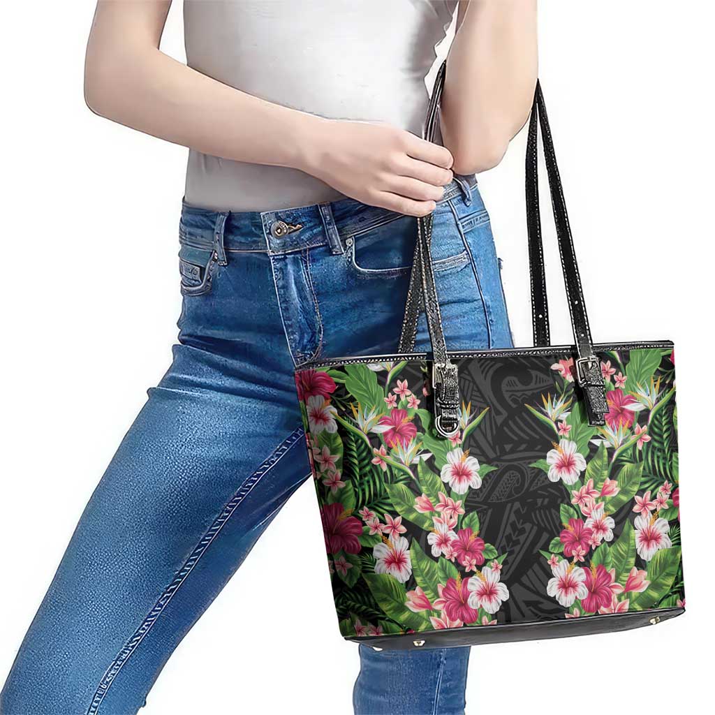 Hawaii Tropical Flowers Leather Tote Bag Black Polynesian Tattoo Art LT05 - Polynesian Pride