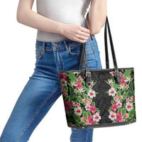 Hawaii Tropical Flowers Leather Tote Bag Black Polynesian Tattoo Art LT05 - Polynesian Pride