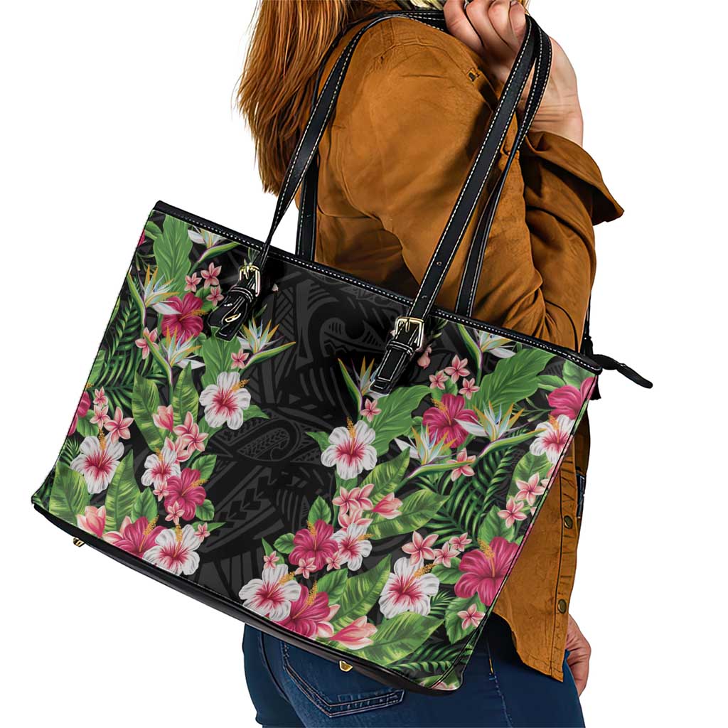 Hawaii Tropical Flowers Leather Tote Bag Black Polynesian Tattoo Art LT05 - Polynesian Pride