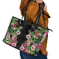 Hawaii Tropical Flowers Leather Tote Bag Black Polynesian Tattoo Art LT05 - Polynesian Pride