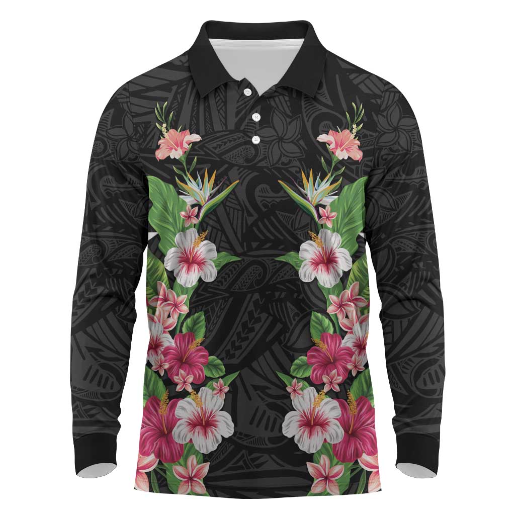 Hawaii Tropical Flowers Long Sleeve Polo Shirt Black Polynesian Tattoo Art