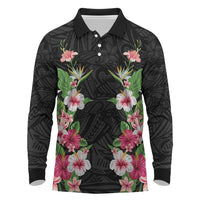 Hawaii Tropical Flowers Long Sleeve Polo Shirt Black Polynesian Tattoo Art