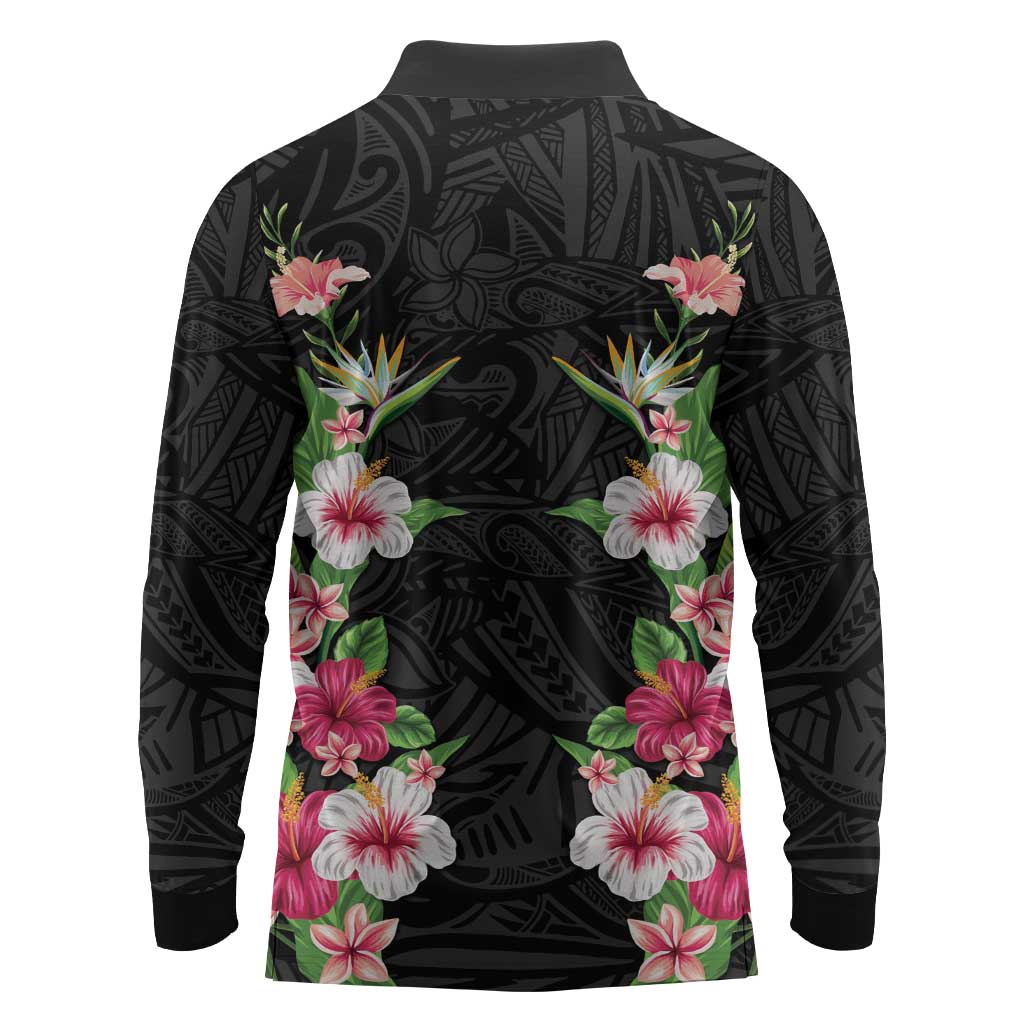 Hawaii Tropical Flowers Long Sleeve Polo Shirt Black Polynesian Tattoo Art