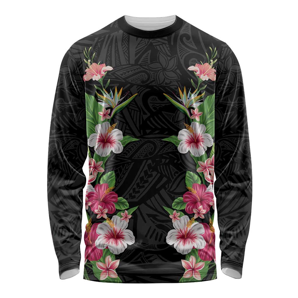 Hawaii Tropical Flowers Long Sleeve Shirt Black Polynesian Tattoo Art