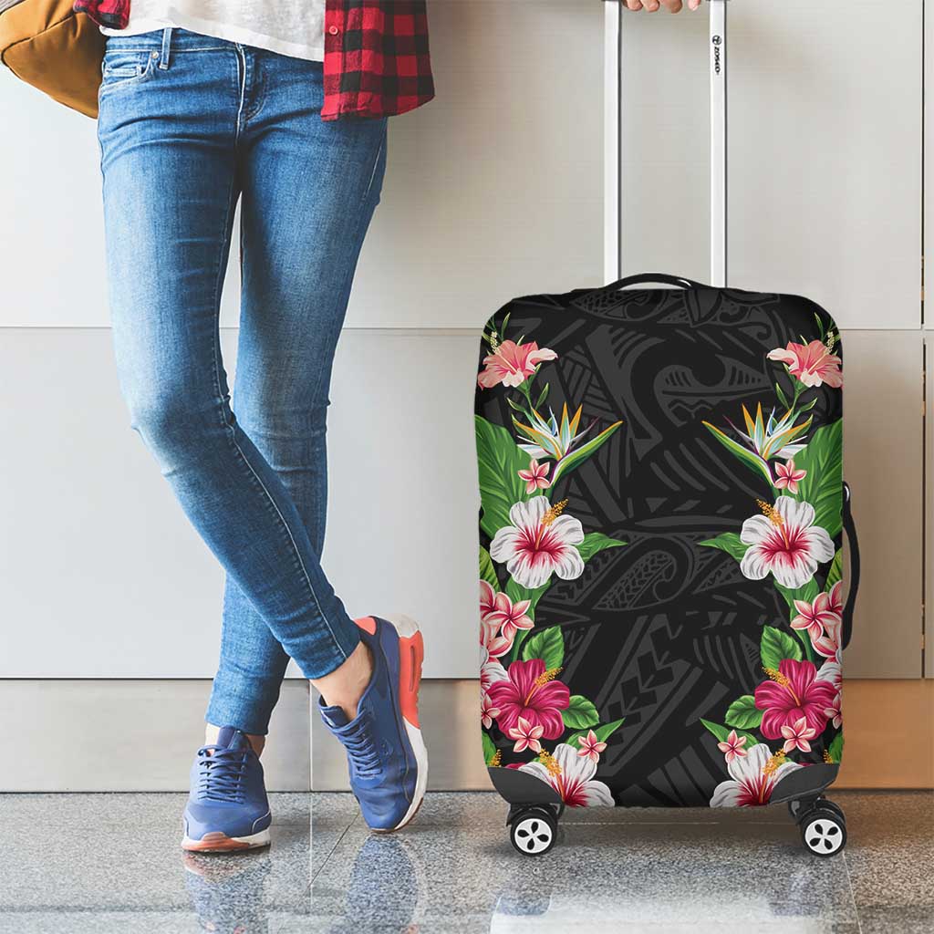 Hawaii Tropical Flowers Luggage Cover Black Polynesian Tattoo Art