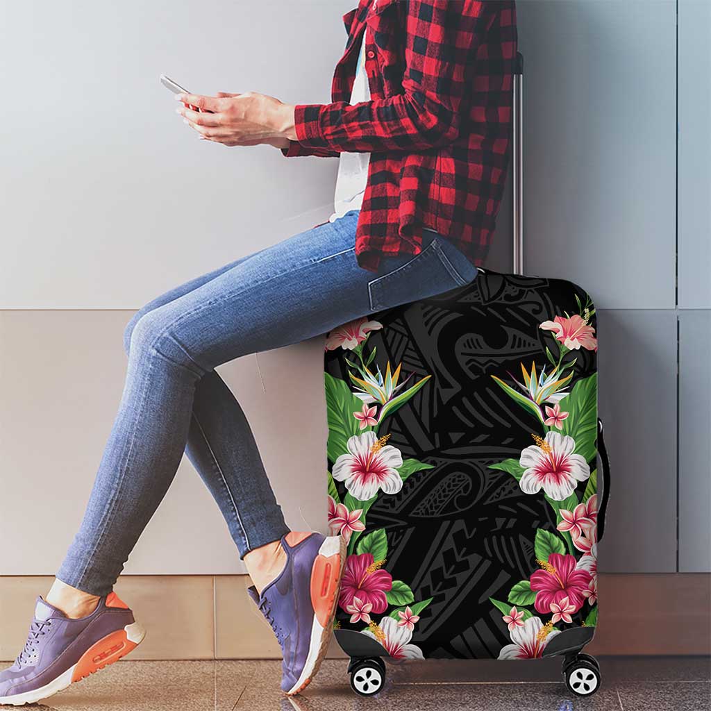 Hawaii Tropical Flowers Luggage Cover Black Polynesian Tattoo Art