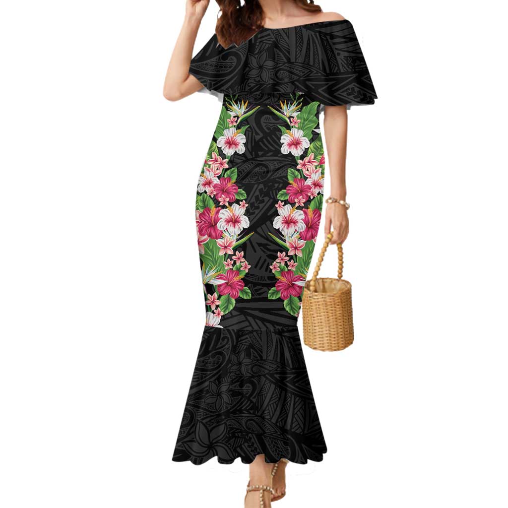 Hawaii Tropical Flowers Mermaid Dress Black Polynesian Tattoo Art